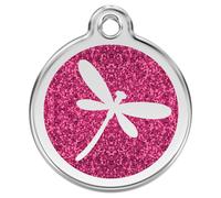 RedDingo Dog Tag Glitter Dragon Fly Pink With Engraving For Dogs