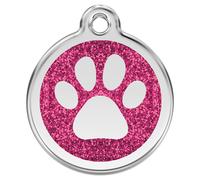 RedDingo Dog Tag Glitter Paw Print Hot Pink - Customizable, Stainless Steel