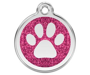 RedDingo Dog Tag Glitter Paw Print Hot Pink - Customizable, Stainless Steel