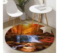 Reddish Brown Easy to Clean Round Area Rugs, Natural Forest Waterfall Print Theme Carpet, Low-Pile Home Decoration Carpet with Non-Slip Backing for Living Room Bedroom Bedside Kids Rug, 180 cm