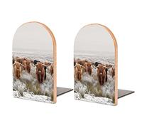 Reddish Brown Scottish Highland Crowd Natural White Winter Landscape Book Shelf Holder, Bookends Book Stand for School Home Office Desks Library Books Movies DVDs Files Magazines S