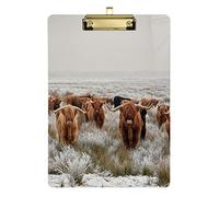 Reddish Brown Scottish Highland Crowd Natural White Winter LandscapePlastic Clipboard A4 Letter Size PVC Writing Board with Low Profile Gold Metal Clip Hardboard for School, Office 12.5x9 Inch