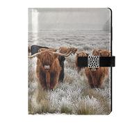 Reddish Brown Scottish Highland Crowd White Winter Landscape Refillable Journal Writing Notebook, PU Leather Hardcover Diary Note Book, Planner A5 Ruled Notepad for Agenda with Pen Holder