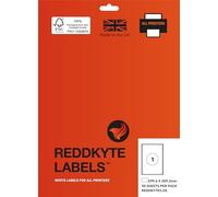 Reddkyte Multipurpose White Labels - Pack of 50 Sheets, 199.6 x 289.1(A4), 1 Label per Sheet for Inkjet and Laser, FSC Certified, Made in the UK