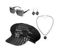 RedFlameDS 4PCS 70s Sequin Hat Abba Hat Abba accessories,70s Disco Costume Accessories Set Disco Fancy Dress Kit for Women Retro 70 80 Theme Party Party Birthd (Black)
