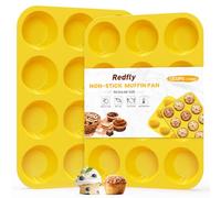 Redfly 2 Pack Silicone Muffin Pans for Baking & Cupcake Pan - 12 Cup Regular Size Silicone Molds, BPA Free Egg Bites Mold,Yellow