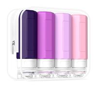Redfly 4 Pack Silicone Travel Bottles for Toiletries - TSA Approved LeakProof Holiday Travel Essentials, BPA Free Squeezable Containers for Shampoo & Conditioner with Clear Bag & Labels（ Purple）