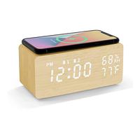 REDGO Wood LED Digital Alarm Clock, Table Clock with Wireless Charging, Date Temperature Display, Adjustable Brightness, Voice Control, with USB Cable for Bedrooms, Office (natural)