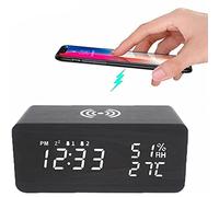 REDGO Wood LED Digital Alarm Clock, Table Clock with Wireless Charging, Date Temperature Display, Adjustable Brightness, Voice Control, with USB Cable for Bedrooms, Office
