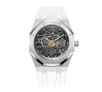 Redhai Automatic Mechanical Watch Skeleton Stainless 50M Waterproof Anti Shock Casual Diver Men Wrist Watch Sterling Watches Chronograph Analog Business Casual Fashion Adjustable Silicone Band, White