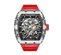 Redhai Automatic Men’s Mechanical Wristwatch, Hollowing Out Black Dial with Stainless Steel Case Luminous Hands Waterproof Casual Fashion Adjustable Red Silicone Band for Men