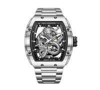 Redhai Luxury Crystal Diamond Dragon Mechanical Watches, 50M Waterproof Skeleton Dial Rose Gold Case Stainless Steel Watchband Chinese Loong Watches for Men, Stainless Steel-Silver, Chinese