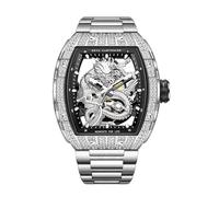 Redhai Luxury Crystal Diamond Dragon Mechanical Watches, 50M Waterproof Skeleton Dial Rose Gold Case Stainless Steel Watchband Chinese Loong Watches for Men, Crystal Diamond Bezel-Silver, Luxury