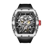 Redhai Luxury Crystal Diamond Dragon Mechanical Watches, 50M Waterproof Skeleton Dial Rose Gold Case Stainless Steel Watchband Chinese Loong Watches for Men, Stainless Steel-Black Silicone