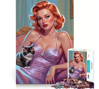 Redhead Pin-up And Grumpy Cat 1000 Pieces Jigsaw Puzzles for Adults Improve Memory Peaceful Fun Sharp Edge (38x52cm)