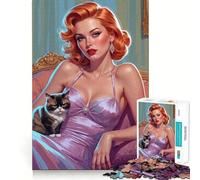 Redhead Pin-up And Grumpy Cat 1000 Pieces Jigsaw Puzzles for Teenagers Logic Train Toy Quiet Fun Smooth Cut Lovely Gift (50x75cm)