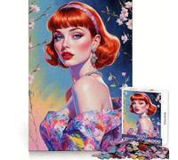 Redhead Pin-Up in Floral Dress Jigsaw Puzzle for Teenagers 1000 Pieces Boost Memory Relaxing Fun Premium Cut Stylish Gift (38x52cm)