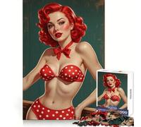 Redhead Pin-up in Red Polka Dot Bikini Jigsaw Puzzle for Teenagers 1000 Pieces Boost Recall Tension Relief Tight Edge Fine Art Piece (38x26cm)
