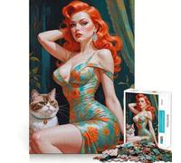 Redhead Pin-Up with Cat Portrait Jigsaw Puzzles for Adults1000 Pieces Mind Skill Toy Quiet Hobby Design Assembly (38x26cm)