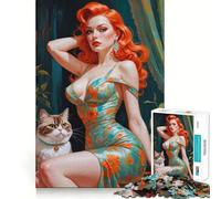 Redhead Pin-Up with Cat Portrait Jigsaw Puzzles for Teenagers 1000 Piece Mind Challenge Toy Relaxing Fun Precise Cut Festive Gift (50x75cm)