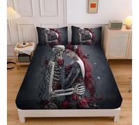 Redhead Woman Skull Fitted Sheet King Bed with 2 Pillowcases, Gothic Art Bed Sheets Bedroom Decor, 30 Cm Deep Pocket, Grey Sheet Set for Adults Teens, 150x200x30 cm