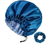 RedJoe 22 Momme 100% Mulberry Silk Bonnet Hair Wrap for Sleeping, Adjustable Silk Scrunchies Sleep Cap for Women Men Hair Care, Head Scarf Night Caps with Elastic Stay On Head, 1Pc(Blue,Blue)