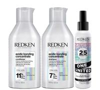 Redken Acidic Bonding Concentrate Shampoo, Conditioner and One United Multi-Benefit Leave-In Treatment Bond Repair Bundle