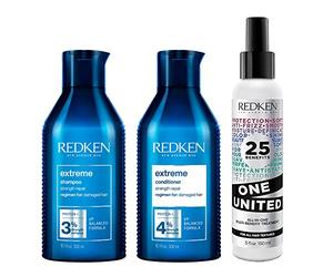 REDKEN Hair Softening Pamper Pack, Extreme Shampoo and Conditioner 300 ml with One United 25 Multi-Benefits Leave In Conditioner and Treatment Spray, 150 ml Trio Routine