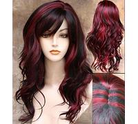 Redlution Women's Ombre Synthetic Wig - Black & Red, Medium Length, Natural Wavy, Party Wig