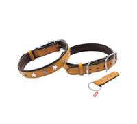 REDLUXE Genuine Leather Dog Collar with Star Studs, Soft Padded Adjustable Pet Collar for Small, Medium & Large Dogs, Heavy Duty Buckle & D-Ring, Includes Free Matching Keyring (YELLOW, S)