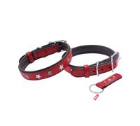 REDLUXE Genuine Leather Dog Collar with Star Studs, Soft Padded Adjustable Pet Collar for Small, Medium & Large Dogs, Heavy Duty Buckle & D-Ring, Includes Free Matching Keyring (RED, XL)