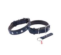 REDLUXE Genuine Leather Dog Collar with Star Studs, Soft Padded Adjustable Pet Collar for Small, Medium & Large Dogs, Heavy Duty Buckle & D-Ring, Includes Free Matching Keyring (BLUE, XL)