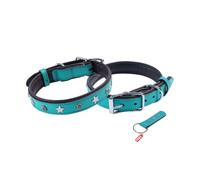 REDLUXE Genuine Leather Dog Collar with Star Studs, Soft Padded Adjustable Pet Collar for Small, Medium & Large Dogs, Heavy Duty Buckle & D-Ring, Includes Free Matching Keyring (TURQUISE, L)
