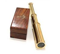 RedSkyTrader 9" Handheld Brass Telescope - Nautical Pirate Spy Glass With Wood Box