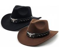 REDSTAR 2pc Western Cowboy Hats for Men and Women - Classic Cowboy Hats for Adults with Bulls Head Design - Cow Boy Costume Accessories for Wild West Fancy Dress - Country and Western