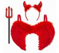 REDSTAR 3pc Red Devil Costume Women - Ladies Devil Outfit with Red Angel Wings, Sequin Horns Headband and Pitchfork Kids Halloween Costumes Women Fallen Angel Wings Halloween Fancy Dress Accessories