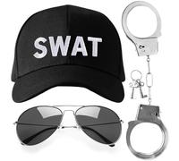 REDSTAR 3pc SWAT Costume Set - SWAT Hat, Handcuffs, Aviators Fancy Dress | SWAT Outfit, SWAT Cap, Fancy Dress Accessories, Metal Handcuffs, Aviator Sunglasses, One Size Fits Most, 3 Piece Set