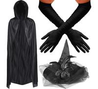 REDSTAR FANCY DRESS 3pc Womens Witch Costume Halloween Accessories Adult - Black Hooded Cloak, Long Black Gloves and Lace Witch Hat Halloween Costumes for Women World Book Day Outfits