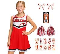 REDSTAR Girls Dead Cheerleader Costume - 5pc Kids Zombie Cheerleader Outfit | Zombie Cheerleader Costume Kids, Halloween Costumes for Girls, Red or Black Cheer Dress, Pompoms & Fake Blood, Age 7-12