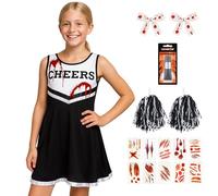 REDSTAR Girls Dead Cheerleader Costume - 5pc Kids Zombie Cheerleader Outfit | Zombie Cheerleader Costume Kids, Halloween Costumes for Girls, Red or Black Cheer Dress, Pompoms & Fake Blood, Age 7-12