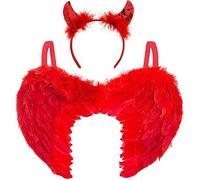 REDSTAR Red Devil Wings and Horns Headband - Red Wings and Horns Halloween Headband - Fallen Angel and Devil Accessories for Halloween Costumes Adult Women or Kids Fancy Dress