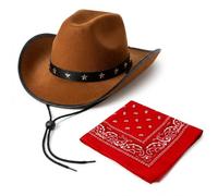 REDSTAR Star Studded Brown Cowboy Hat and Bandana Set - Adult Cow Boy Hat with Cowboy Neckerchief for Cow Boy Outfit Men and Women Wild West Fancy Dress Costume or Country and Western Fancy Dress