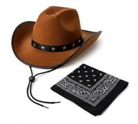 REDSTAR Star Studded Brown Cowboy Hat and Bandana Set - Adult Cow Boy Hat with Cowboy Neckerchief for Cow Boy Outfit Men and Women Wild West Fancy Dress Costume or Country and Western Fancy Dress