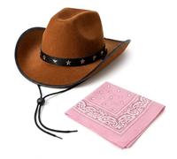 REDSTAR Star Studded Brown Cowboy Hat and Bandana Set - Adult Cow Boy Hat with Cowboy Neckerchief for Cow Boy Outfit Men and Women Wild West Fancy Dress Costume or Country and Western Fancy Dress