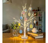 REDSTAR White Easter Tree with Lights and Hanging Easter Egg Decorations - Micro USB or Battery Operated 60cm Tabletop White Twig Tree with Lights and Hanging Egg Decorations