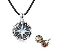 REDSUN Compass Locket Necklace 925 Sterling Silver Card Compass Moonstone Chain Photo Locket Amulet Medallion with Photo Compass Jewellery for Men Son Boys Women Gifts