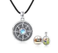 REDSUN Compass Locket Necklace 925 Sterling Silver Moonstone Chain Celtic Knot Photo Locket Amulet Medallion with Photo Compass Jewellery for Men Son Boys Women Gifts, 50.8 cm, Sterling Silver