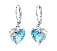 REDSUN Dolphin Earrings Silver 925 Girls Dolphin Crystal Moonstone Dangle Earrings Heart Hanging Ladies Dolphin Jewelry Gift for Girls Mum Daughter Wife Gift, Sterling Silver