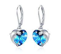 REDSUN Dolphin Earrings Silver 925 Girls Dolphin Crystal Moonstone Dangle Earrings Heart Hanging Ladies Dolphin Jewelry Gift for Girls Mum Daughter Wife Gift, 10×10mm, Sterling Silver