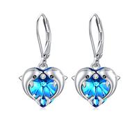 REDSUN Dolphin Earrings Silver 925 Girls Dolphin Crystal Moonstone Dangle Earrings Heart Hanging Ladies Dolphin Jewelry Gift for Girls Mum Daughter Wife Gift, 10mm x 12mm, Sterling Silver